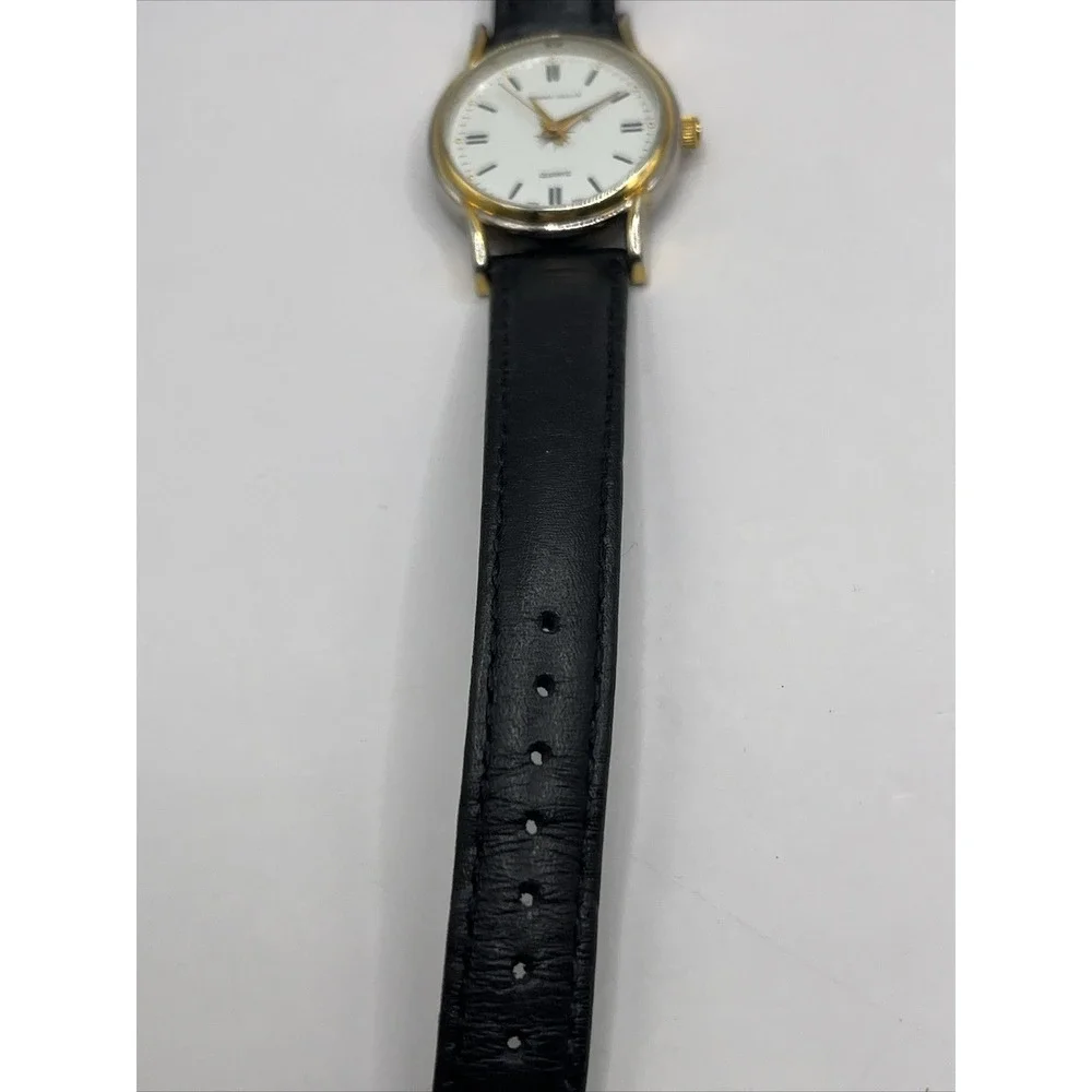 Perry Ellis Women's Quartz Watch Black‎ Leather Band Gold Case- New Battery